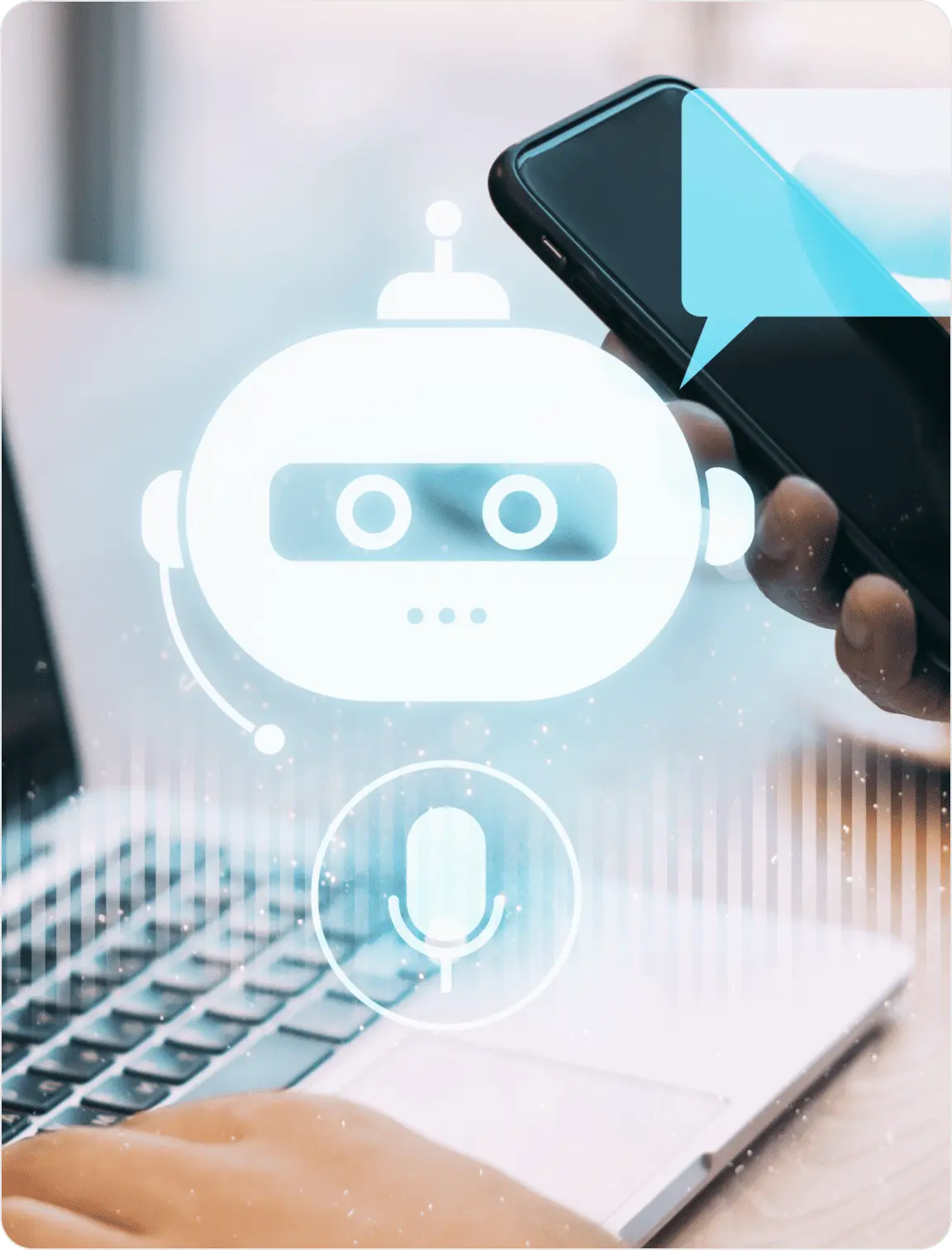 Interfaz de chatbot inteligente sobre un teléfono y un portátil