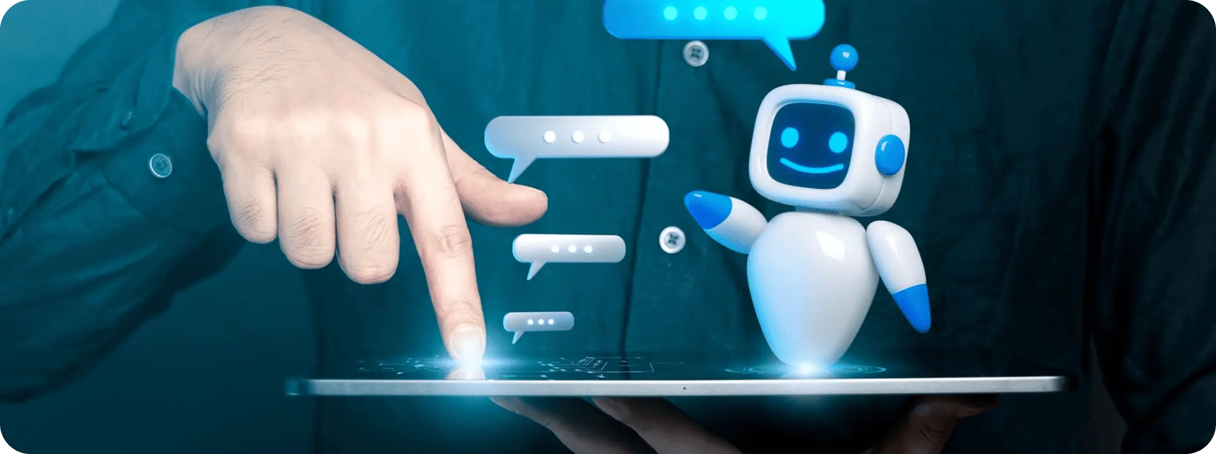 Robot conversacional sobre una interfaz táctil representando automatización inteligente