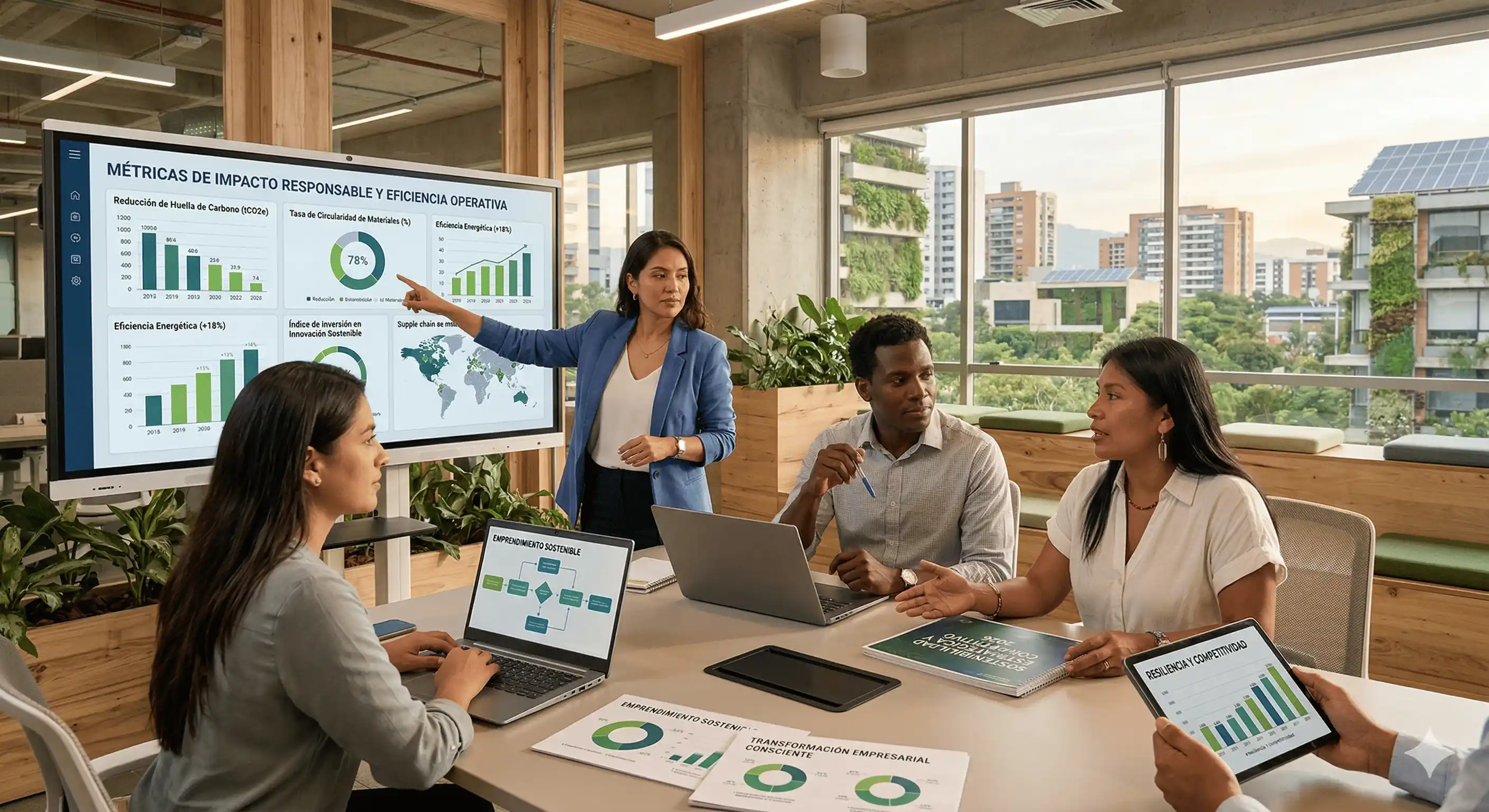 Equipo presentando iniciativas de sostenibilidad e impacto responsable