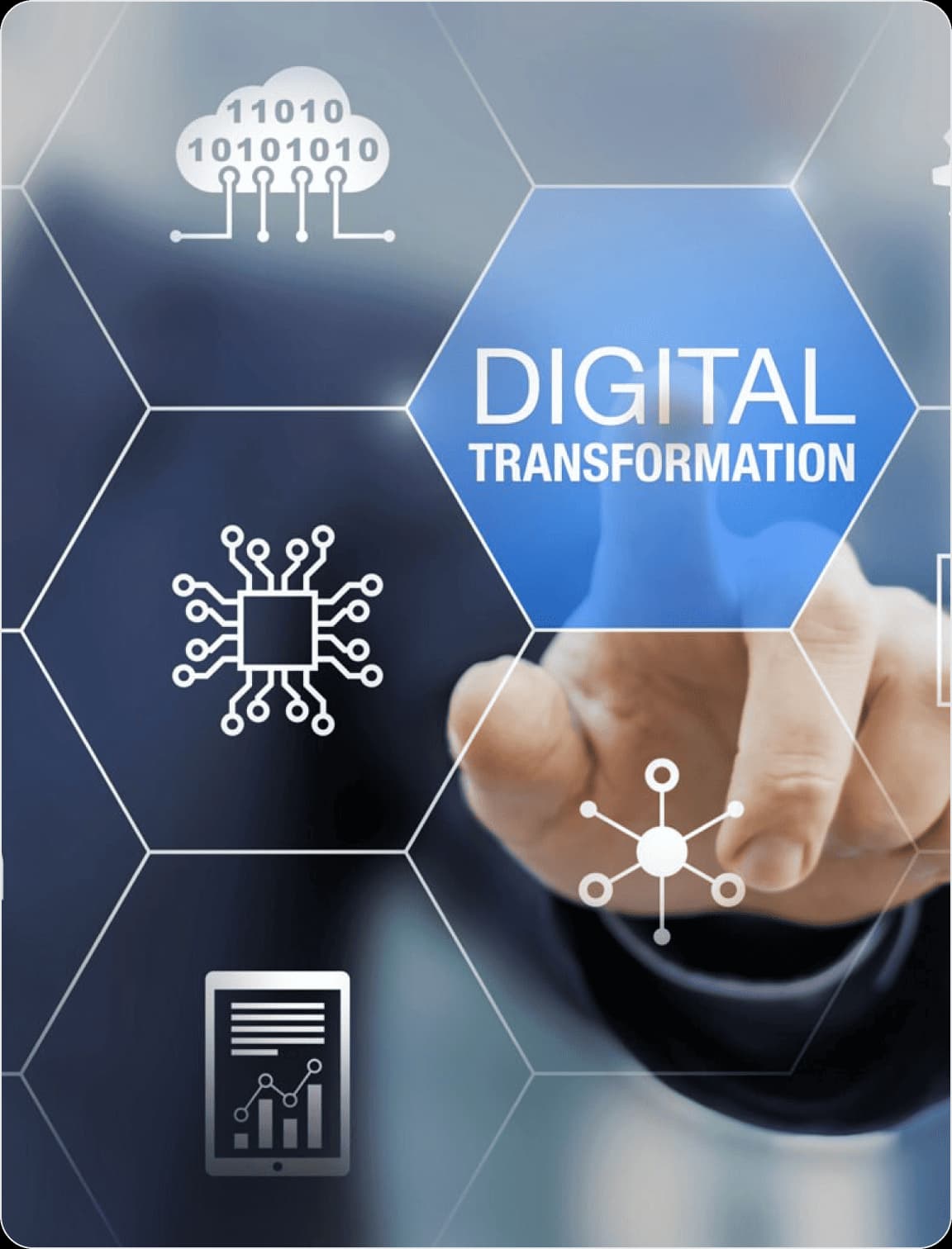 Pantalla de transformación digital con iconografía tecnológica superpuesta