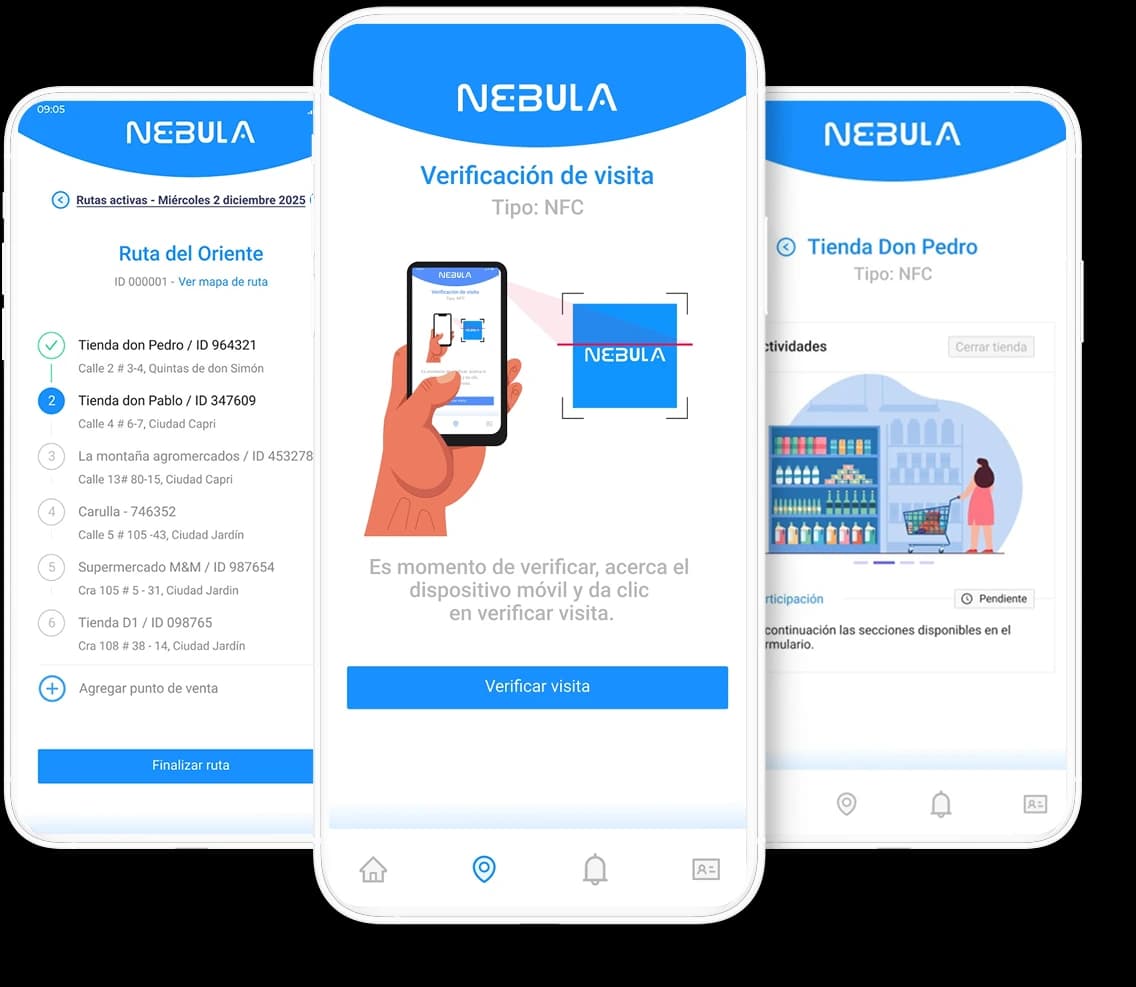 Tres pantallas principales de Nebula destacadas en la vista móvil